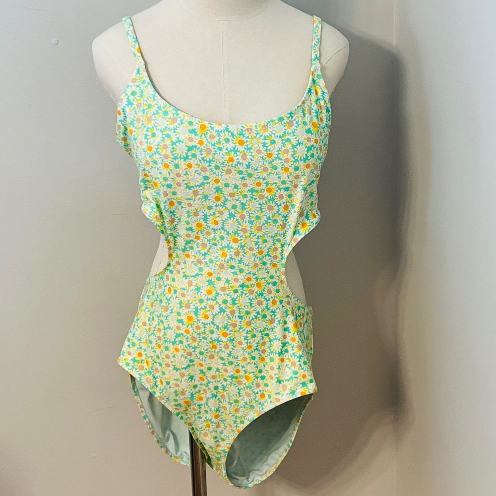 Aerie Real Good Daisy Floral Cutout One Piece Swimsuit XL Green Yellow White NWT